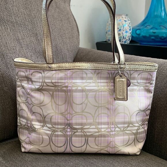 Coach tote mini gold and purple plaid NWT - Picture 1 of 12